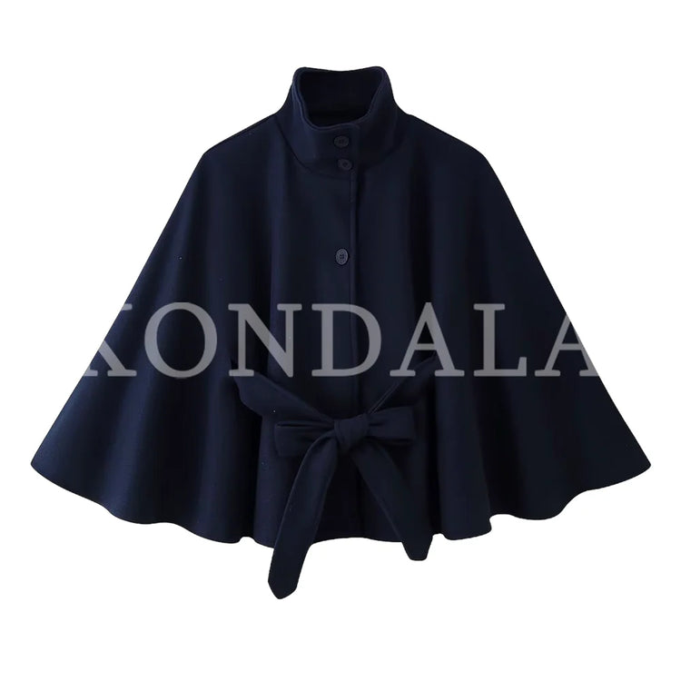 KONDALA Women Fall Casual Elegant Cloak Jacket Stand-Collar Soft Tweed Belt Jacket New 2026 Autumn Winter Trendy Cape Style Coat