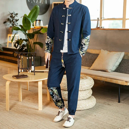 Completo Due Pezzi da Uomo, Nuovo Stile Primaverile in Lino, Comodo Completo Retrò Tang in Cotone Patchwork, Camicia Casual e Giacca Stampata Kung Fu