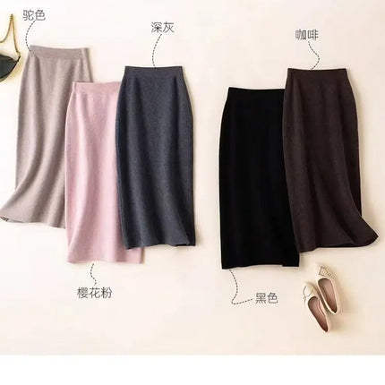 Korean Winter Cashmere Knitted Long Skirts For Women Fashion Mid-length High Waist A-line Skirts Female Wool Bottoms PlatiNum