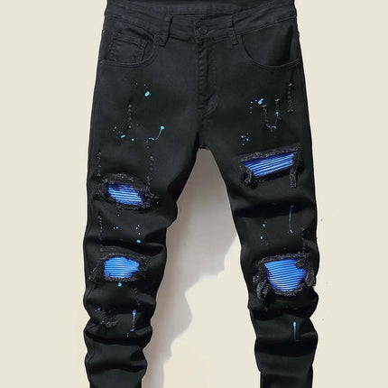 Men's Jeans Cool Ripped Skinny Trousers Stretch Slim Denim Pants Patchwork Hip Hop Black Blue Casual Jogging Jeans for Men PlatiNum