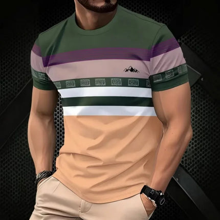 T-shirt con giunture geometriche stampate in 3D per uomo T-shirt con motivo a strisce colorate T-shirt casual estive con o-collo maniche corte larghe