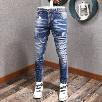 Fashion Streetwear Men Jeans Retro Black Blue Elastic Slim Fit Ripped Jeans Men Spliced Designer Embroidery Hip Hop Denim Pants PlatiNum