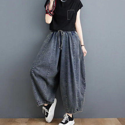 508 primavera estate nuovi Jeans larghi 100kg per le donne coulisse semplice tinta unita nero Vintage cotone femminile lanterna pantaloni in Denim