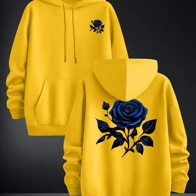 2026 Blue Rose Double Sided Print Hoodie Unisex Long Sleeve Pullover Casual Floral Streetwear Autumn Winter Hooded Sweatshirt