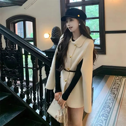 High end Casual Simple and Trendy New Cape Double Row Knitted Woolen Coat 2026 Autumn Waist Cinching Fashionable Slimming Coat