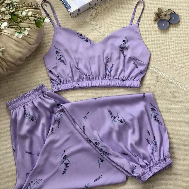 Pigiama in raso di seta sintetica Set da donna con cinturino superiore pantaloni da notte con stampa floreale pigiama autunnale abbigliamento da casa indumenti da notte abito da notte S-XXL