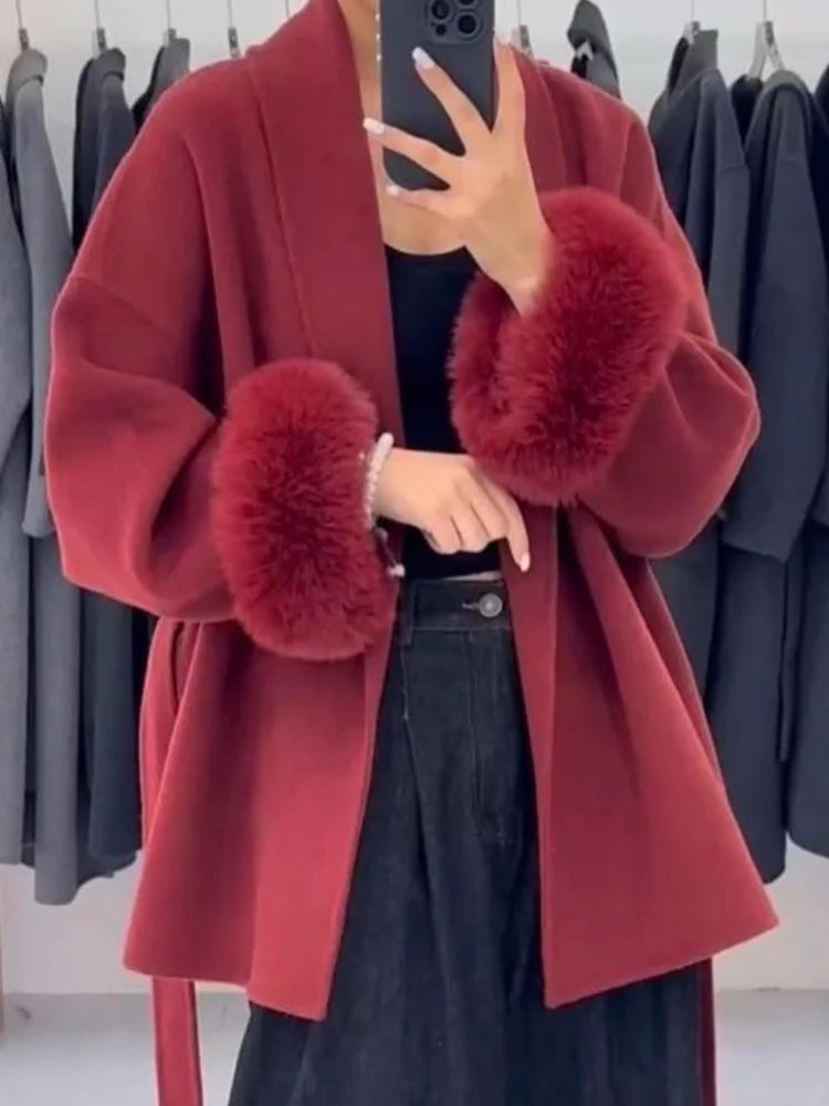 Elegant Lace Up Woolen Short Coat Solid Loose Lapel Furry Long Sleeve Belt Waist Jacket 2026 Spring Autumn Lady Chic Cardigan