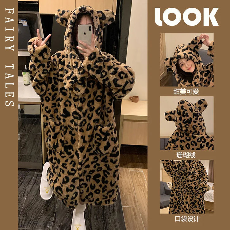 Plus Size Leopard Winter Hooded Robe Pajamas Set Women Plush Soft Home Suit Coral Pjs Long Sleeve Thick Warm Flannel Loungewear