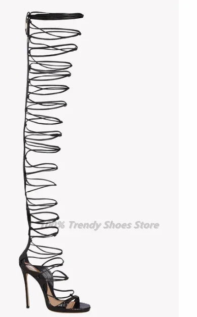 European Station Black Texture Sexy Cross Strap Over Knee Fashion Fashion Show High Heel Sandals Roman Sandals