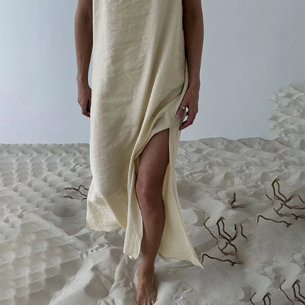 HiLoc Abito lungo bianco allentato casual Robe 2025 Nuovi abiti estivi con scollo a V per le donne Primavera senza maniche Vestaglie dritte Camicia da notte
