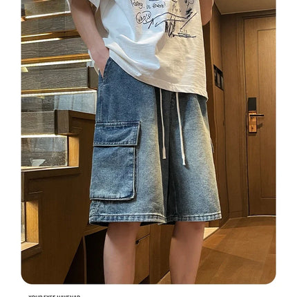 Pantaloncini di jeans cargo da uomo estivi Baggy dritti Moda Casual Pantaloni corti a gamba larga Tasca grande Jeans corti per vacanze al mare Uomo