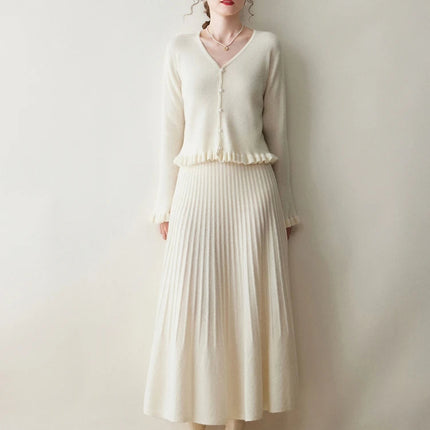 New Arrivals Women Cashmere A-line Skirt Elastic Waist Pleated Skirt 100% Cashmere Knitted Autumn Winter Thin Office Lady Dress PlatiNum