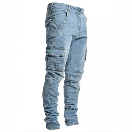 Men Street Elastic Denim Jeans Wash Solid Color Multi Pockets Cargo Pants Casual Slim Fit Daily Wear Joggers Mid Waist Trousers PlatiNum