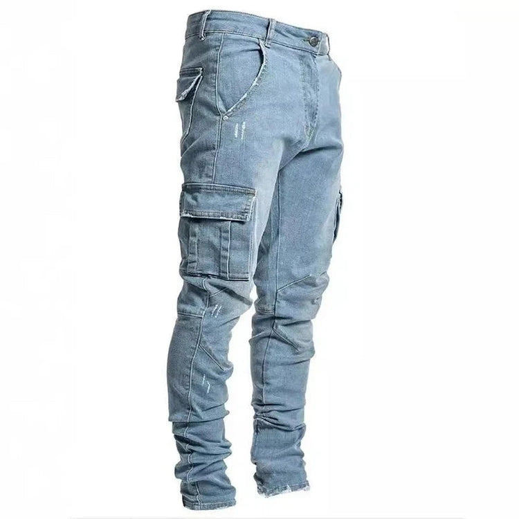 Men Street Elastic Denim Jeans Wash Solid Color Multi Pockets Cargo Pants Casual Slim Fit Daily Wear Joggers Mid Waist Trousers PlatiNum