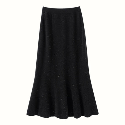 Autumn Winter Women New 100% Cashmere Fishtail Skirt  Mid Length Slimming High Waisted Knitted Umbrella Skirt Elegant Dress PlatiNum