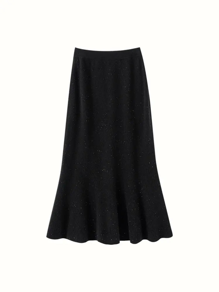 Autumn Winter Women New 100% Cashmere Fishtail Skirt  Mid Length Slimming High Waisted Knitted Umbrella Skirt Elegant Dress PlatiNum