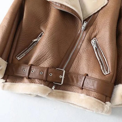 2024 winter women's clothing fashion locomotive version lapel fur integrated thickened thermal coat leather jacket