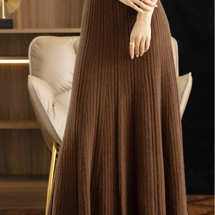 Elegant Women's Pleated Skirt 100% Merino Wool Skirt A-Line Long Skirt Soft Warm Autumn Winter Dress Slim Elastic Waist Office PlatiNum