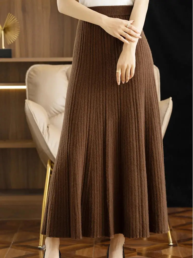 Elegant Women's Pleated Skirt 100% Merino Wool Skirt A-Line Long Skirt Soft Warm Autumn Winter Dress Slim Elastic Waist Office PlatiNum