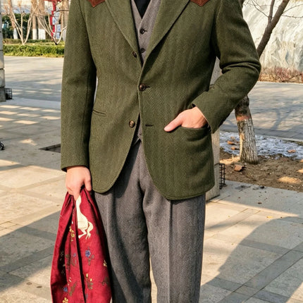 Herringbone Tweed Men's Blazer Jacket Wool Blend Suede Patch Shoulder Men's Sport Coat Business Casual Slim Fit For Oktoberfest