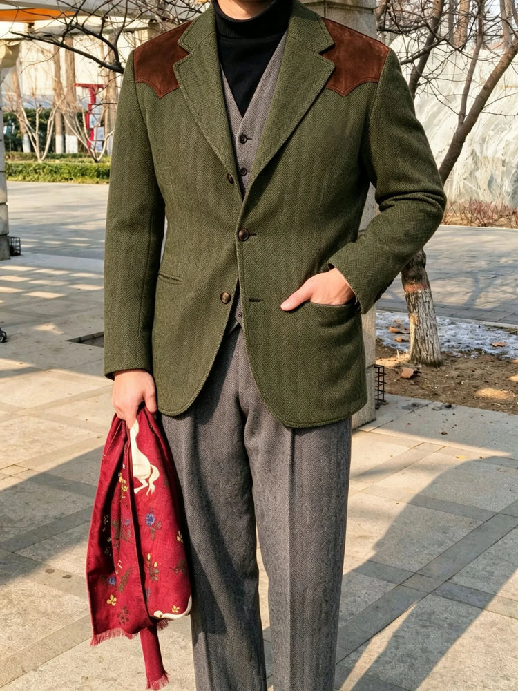 Herringbone Tweed Men's Blazer Jacket Wool Blend Suede Patch Shoulder Men's Sport Coat Business Casual Slim Fit For Oktoberfest