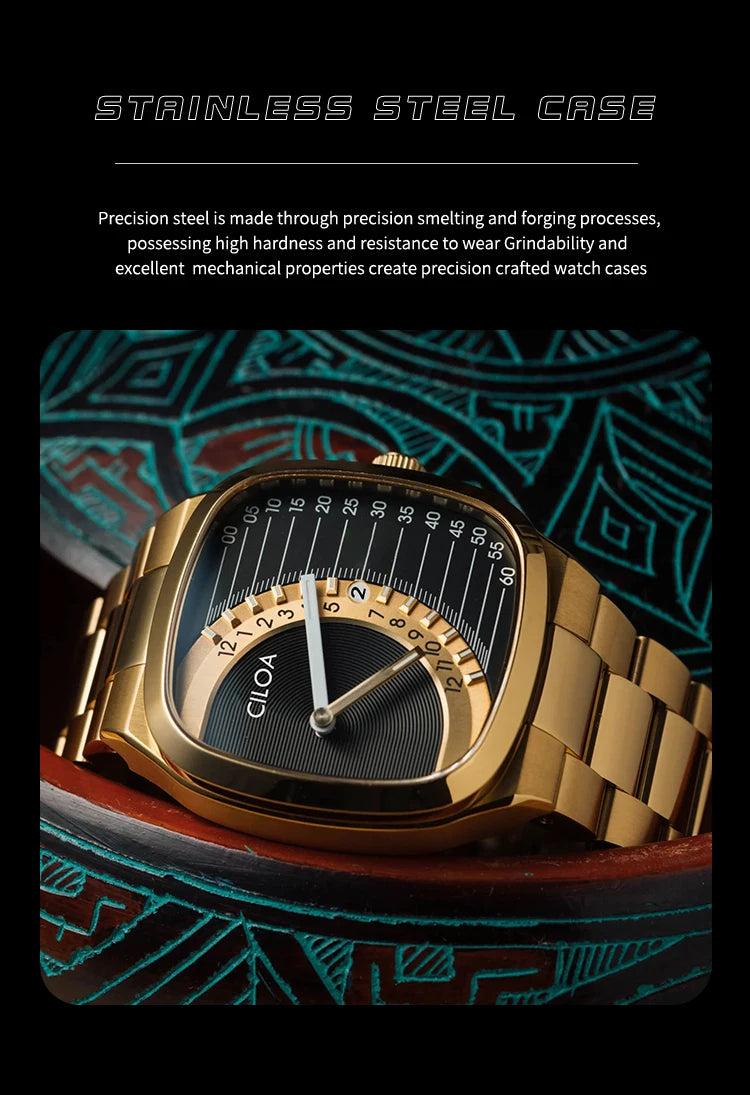 CILOA retro square watch men's light luxury gift 2025 new stainless steel strap gold waterproof men quartz watch brand authentic