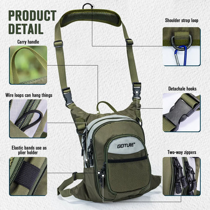 Goture 100% Polyester Fly Fishing Bag, Ultra-Light Chest Bag with Multiple Pockets, Fishing Accessory Bag, Outdoor Shoulder Bag