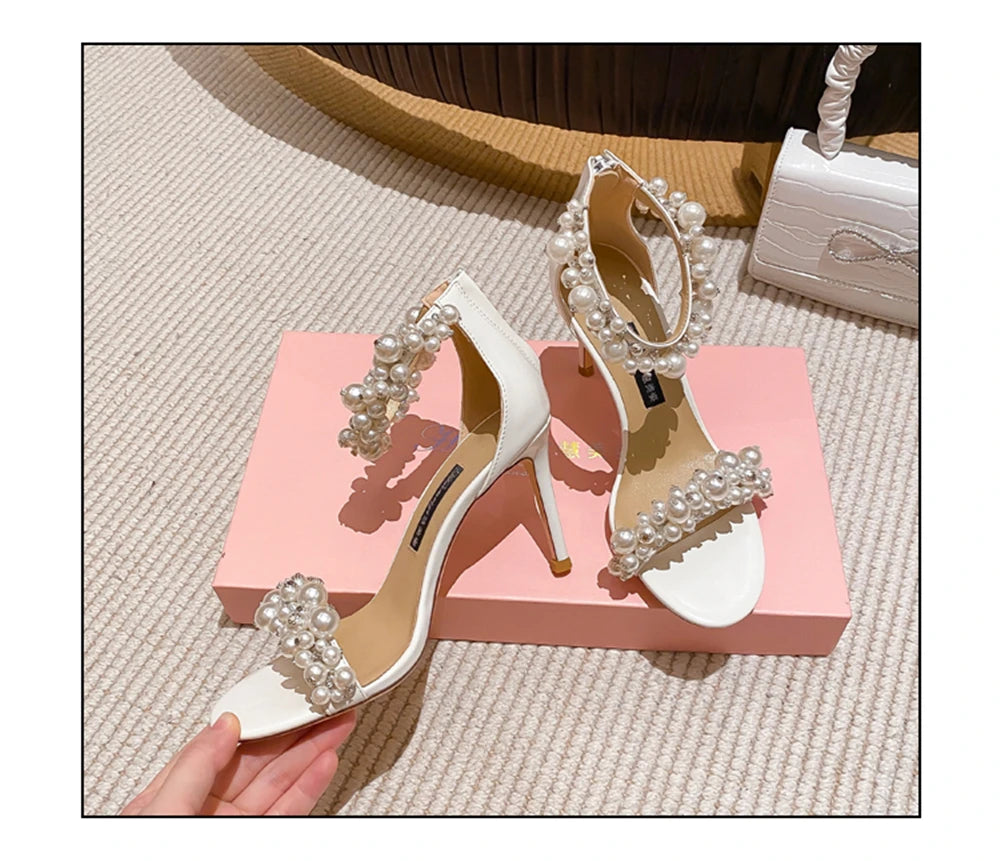 Summer new leather pearl ribbon sexy open-toe wedding shoes thin high-heeled banquet dress small size bag heel women's sandals
