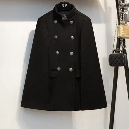 French Elegant Retro Hepburn Style Stand Collar Double-breasted Loose Temperament Commuter Woolen Jacket Cape Cloak Women Autumn