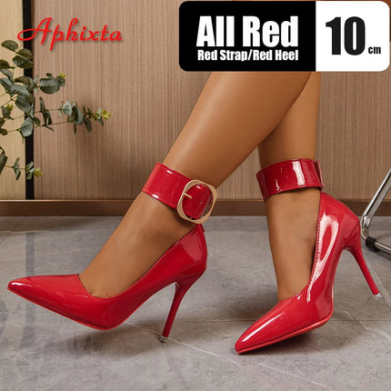 Aphixta 4 cm cinturino pompe fibbia della cintura 3.94 pollici/10 cm tacchi a spillo pompe scarpe da festa da donna rosso nero punta a punta taglia 51 52 53