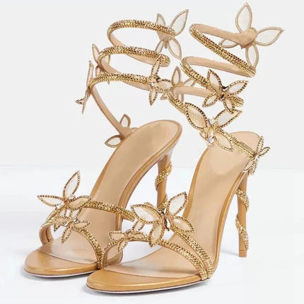 Eilyken Sexy CRYSTAL Flower Thin High Heels Women Sandals Street Style Narrow Band Ankle Strap Pole Dancing Ladies Shoes PlatiNum