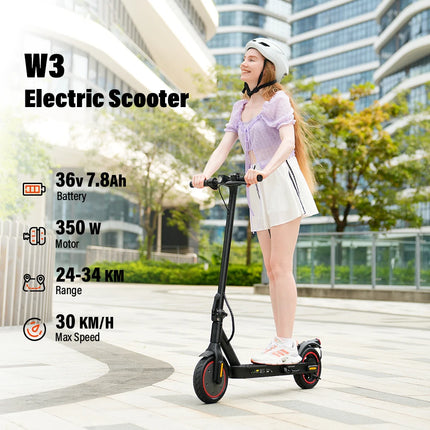 Monopattino Elettrico W3 con Motore da 350W, Batteria 36V10.4Ah, Autonomia 24-34km, Velocità Massima 30km/h, Trazione Posteriore, Pneumatici ad Aria