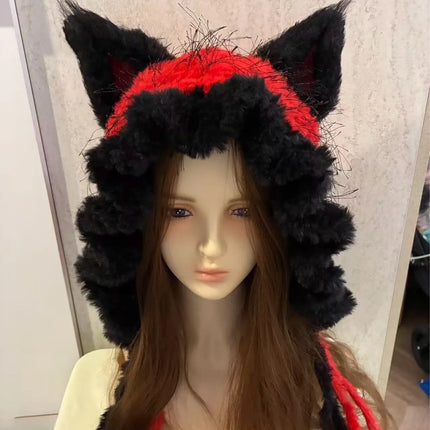 Custom Hand‑Crocheted Black Red Fox Ear Hood Women Soft Knitted Long Ties Beanie Gothic Unisex Dark Fairy Winter Warm Accessory