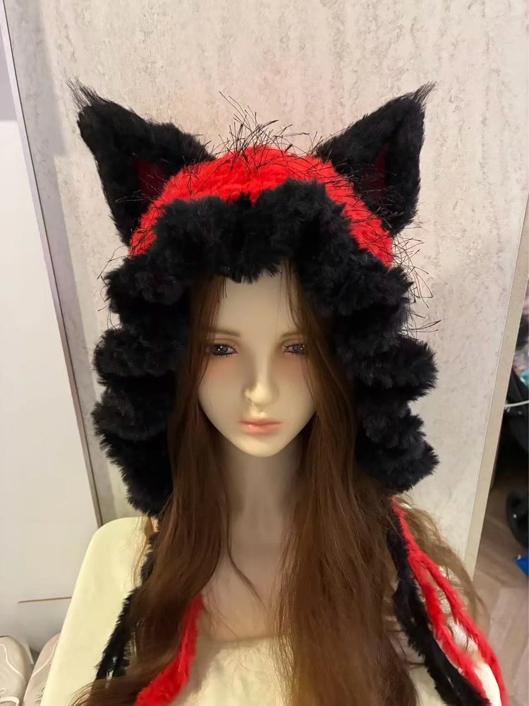 Custom Hand‑Crocheted Black Red Fox Ear Hood Women Soft Knitted Long Ties Beanie Gothic Unisex Dark Fairy Winter Warm Accessory