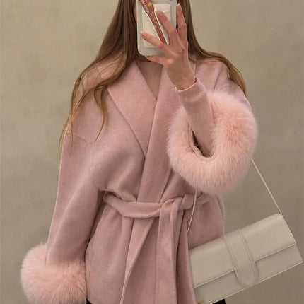 Tossy Fox Fur Wool Overcoat Women's Short Coat Office Lady Elegant Double-sided Woolen Coat 2025 New Cardigan Jackets Loose Wool