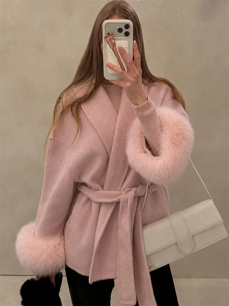 Tossy Fox Fur Wool Overcoat Women's Short Coat Office Lady Elegant Double-sided Woolen Coat 2025 New Cardigan Jackets Loose Wool