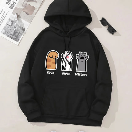 Three cat paw pattern printed hoodie, drawstring casual hooded sweatshirt, suitable for winter and autumn, women's clothing