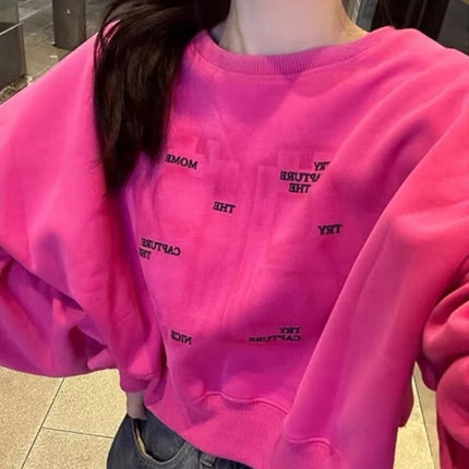 Women Letter Print Sweatshirt Hot Pink Batwing Sleeve Cropped Hoodie Loose Pullover Cute Fall Winter Streetwear 2026 New