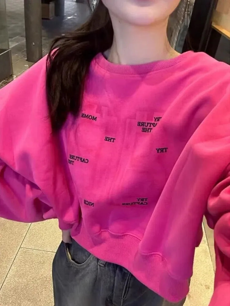 Women Letter Print Sweatshirt Hot Pink Batwing Sleeve Cropped Hoodie Loose Pullover Cute Fall Winter Streetwear 2026 New