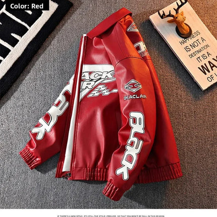 2026 New Men's American Racing Style Printed Leather Jacket Fashion Stand Collar Motorcycle Biker Coat Casual Outerwear PU