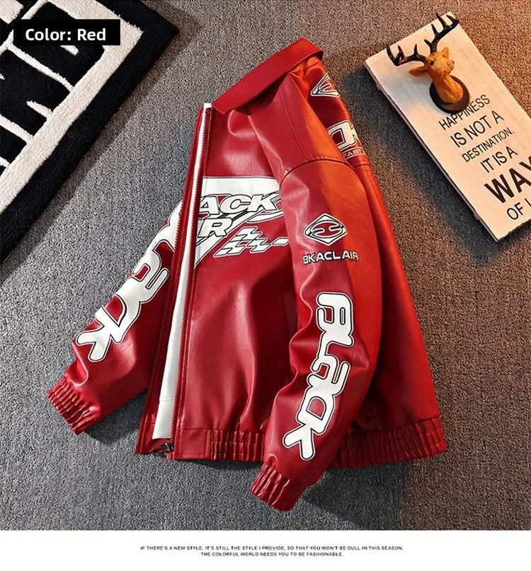 2026 New Men's American Racing Style Printed Leather Jacket Fashion Stand Collar Motorcycle Biker Coat Casual Outerwear PU