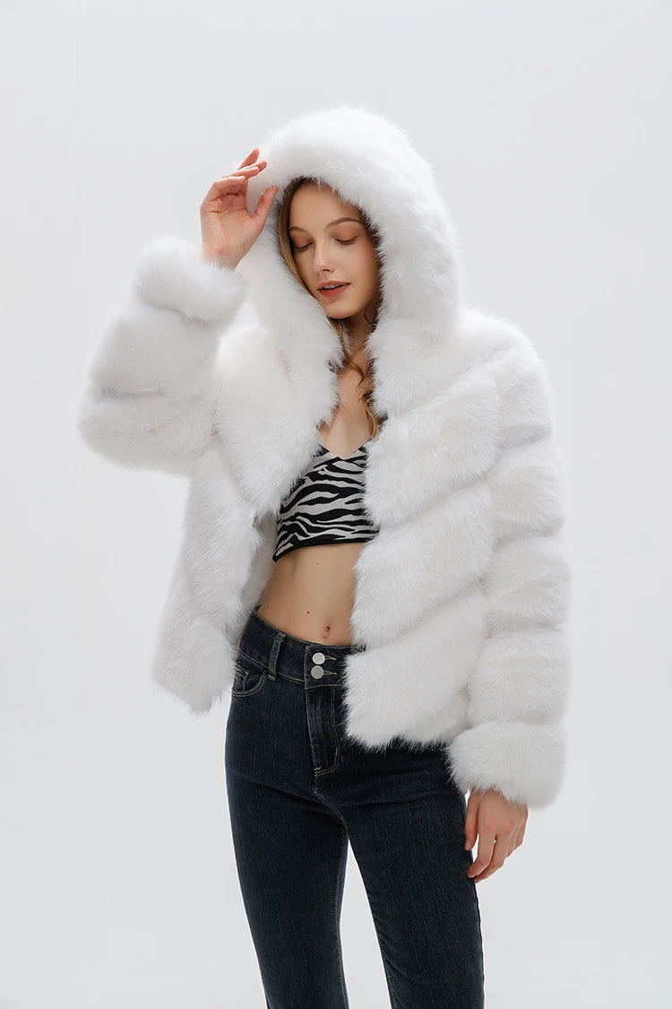 ZADORIN Fashion Hooded Splicing Fluffy Jacket Women Winter Long Sleeve White Faux Fur Coat Woman Clothing New in Coats & Jackets