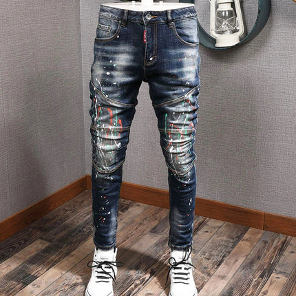 Fashion Streetwear Men Jeans Retro Black Blue Elastic Slim Fit Ripped Jeans Men Spliced Designer Embroidery Hip Hop Denim Pants PlatiNum