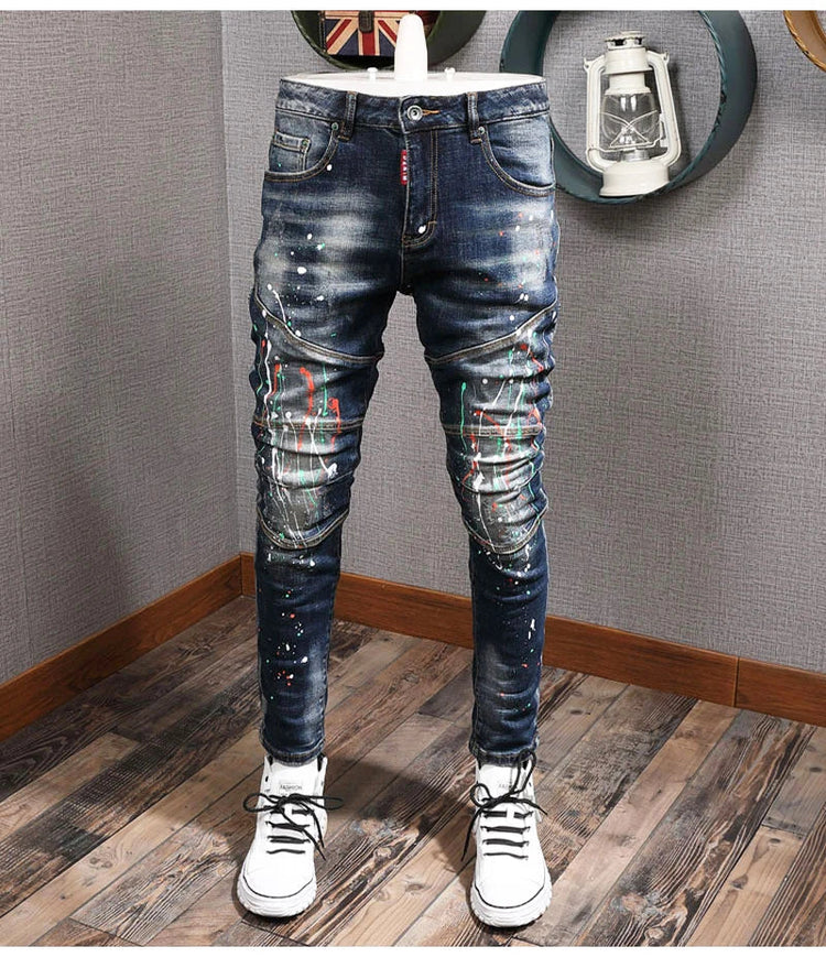 Fashion Streetwear Men Jeans Retro Black Blue Elastic Slim Fit Ripped Jeans Men Spliced Designer Embroidery Hip Hop Denim Pants PlatiNum