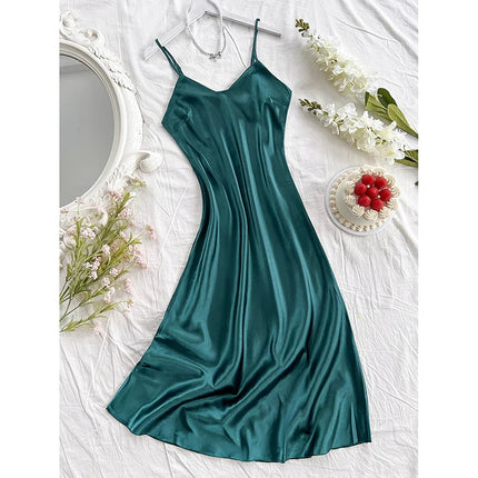 Elegante camicia da notte in raso da donna, sexy e comoda, abito lungo a tinta unita, pigiama per donna