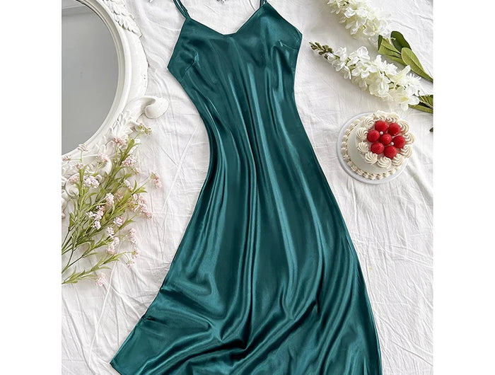 Elegante camicia da notte in raso da donna, sexy e comoda, abito lungo a tinta unita, pigiama per donna