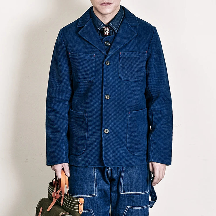 Men's Indigo Cargo Jacket Height Weight Cotton Lapel Multi-pocket Jacket Male French Vintage Thick Workwear Tooling Jacket Coat