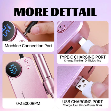 Professional Wireless Charging Electric Nail Drill Machine, 4500mAh Battery, Long Lasting Runtime, Remove Gel Nails, Nail Shaping & Polishing, Manicure Pedicure Kit for Home & Salon Use