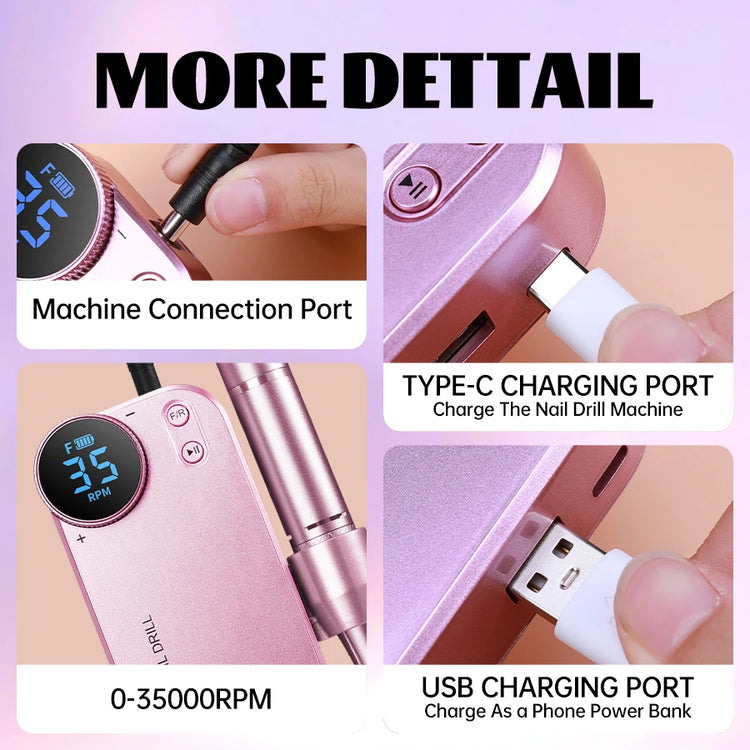 Professional Wireless Charging Electric Nail Drill Machine, 4500mAh Battery, Long Lasting Runtime, Remove Gel Nails, Nail Shaping & Polishing, Manicure Pedicure Kit for Home & Salon Use