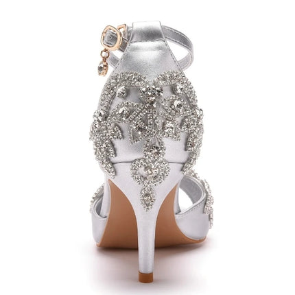 Sandalias de mujer de calidad femenina con diamantes de imitación de PU, tacón delgado de 7 cm, correa de hebilla, zapatos de vestir de estilo coreano para mujer, azul cielo maduro